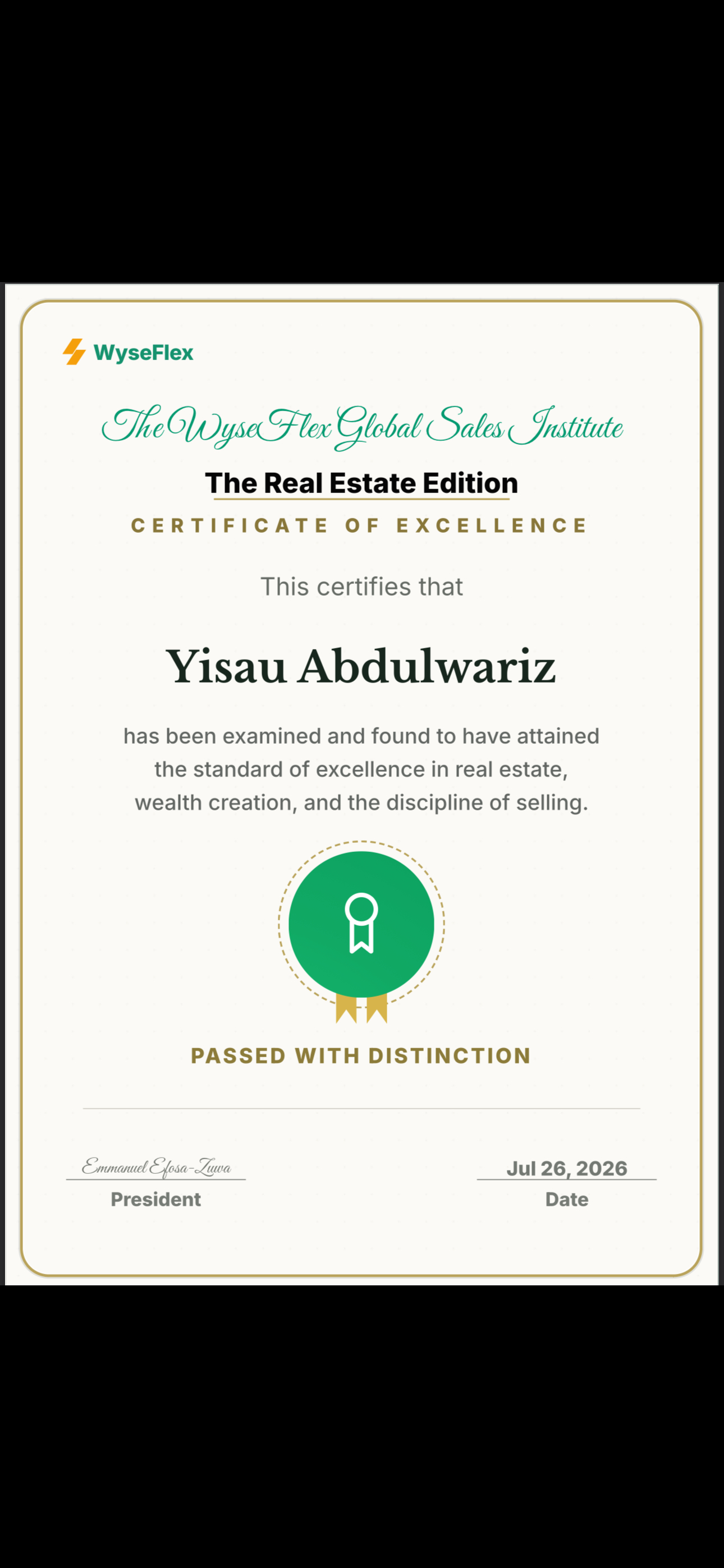WyseFlex Global Sales Institute Real Estate Edition Certificate of Excellence for Yisau Abdulwariz
