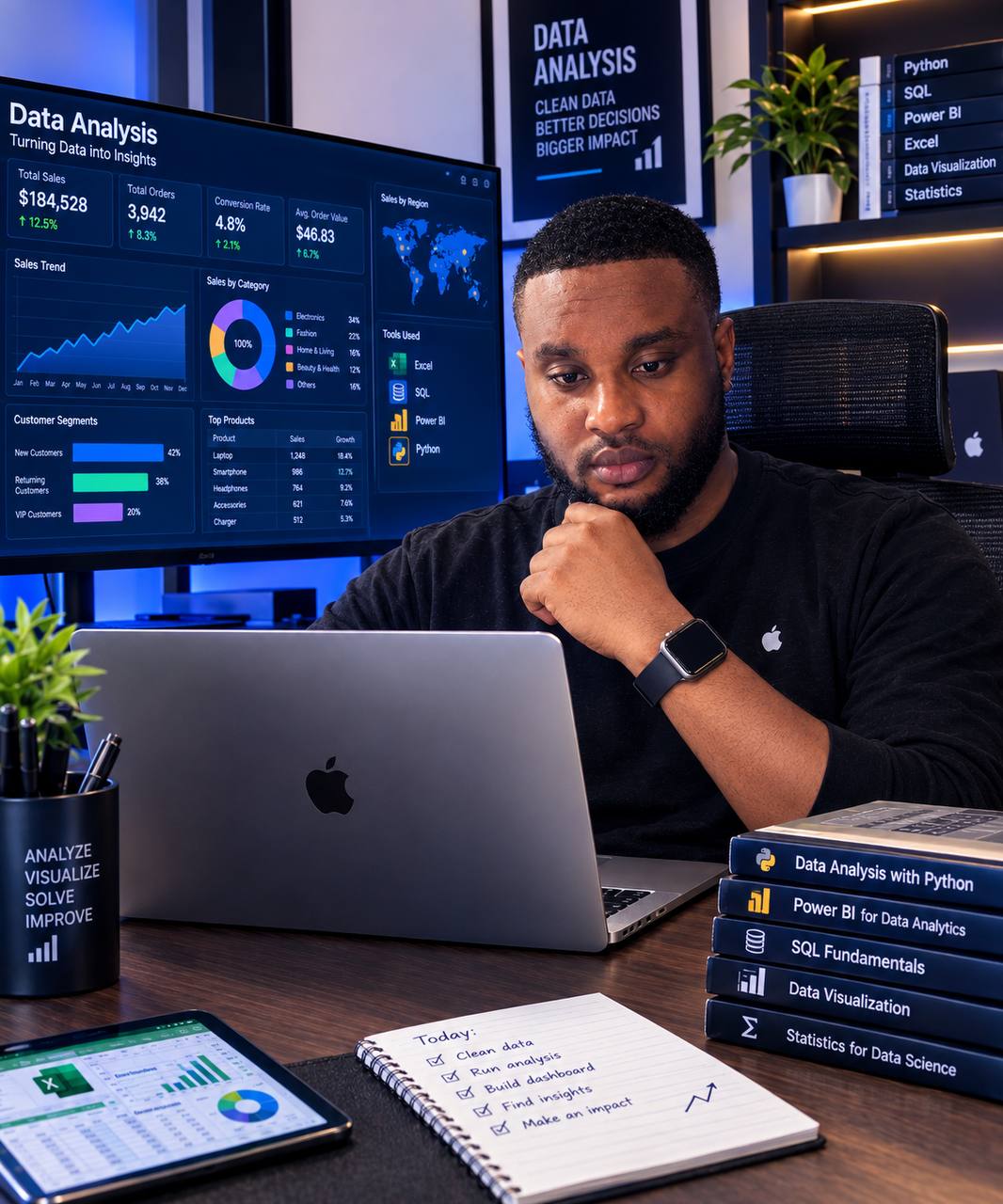 Analyst workspace — data dashboards in view